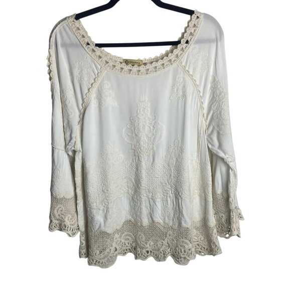 Democracy Size M White Lace Crochet Embroidered Blouse Top Prairie Boho Peasant - Picture 1 of 9